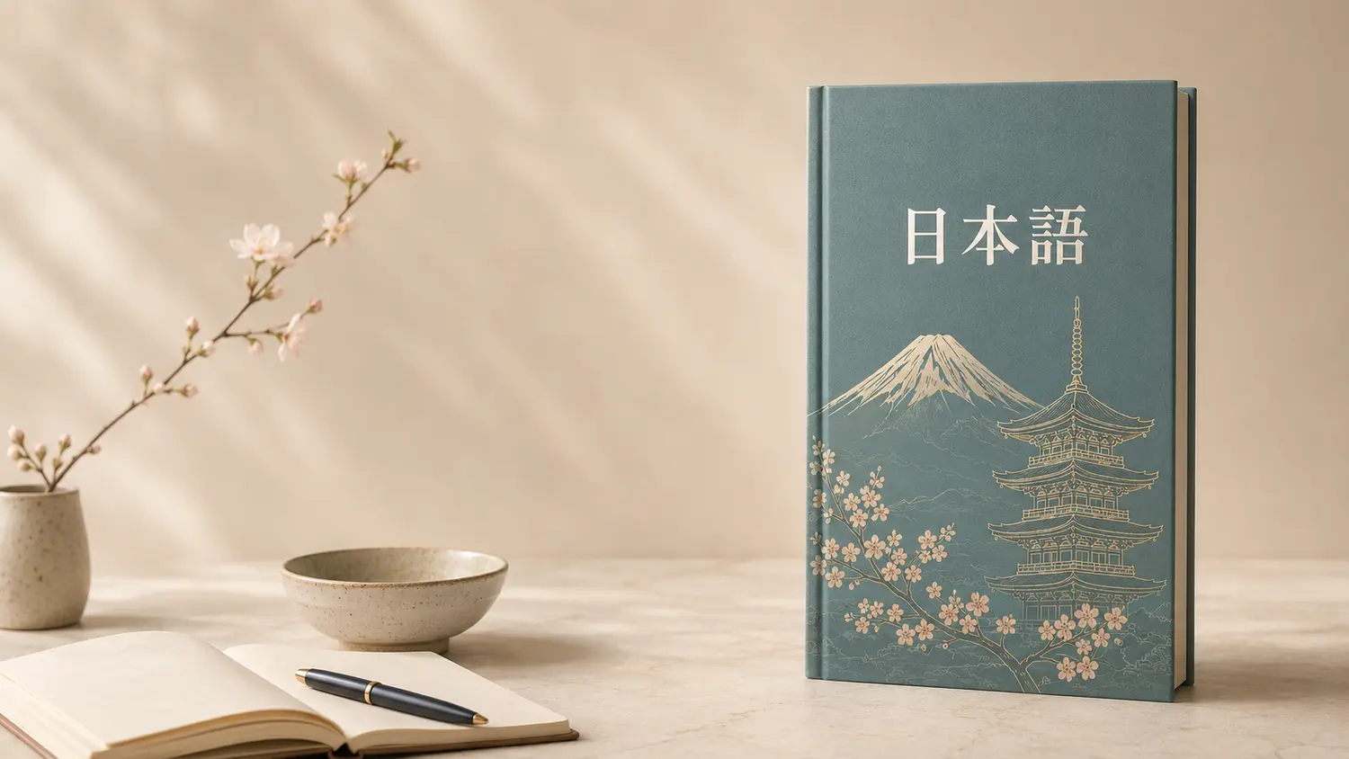 Platnena knjiga za učenje japanskog jezika s natpisom 日本語, planinom Fuji i pagodom