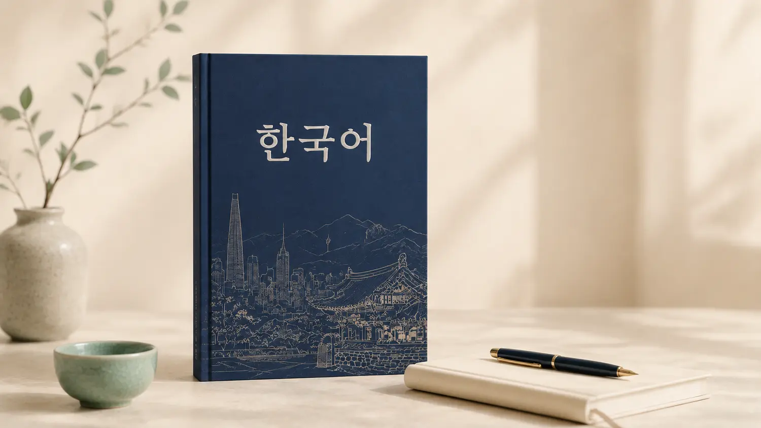 Platnena knjiga za učenje korejskog jezika s natpisom 한국어 i motivima Seula